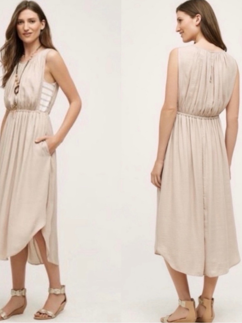 Anthropologie Dolan Cream Sleeveless Midi Dress with Gathered Waist and Pockets